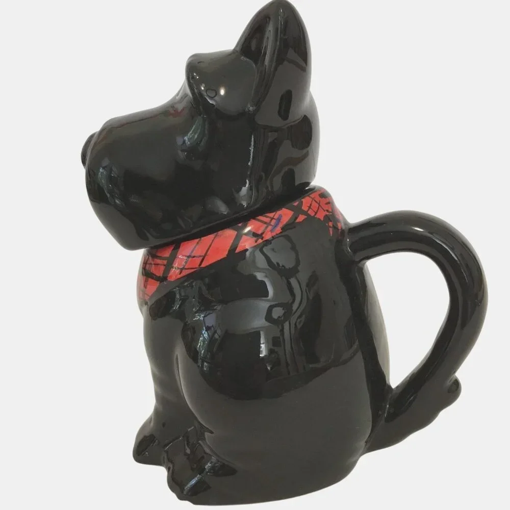 VTG MISR Japan Scottie Dog Cookie Jar Black Ceramic Red Plaid Scarf Treat Jar